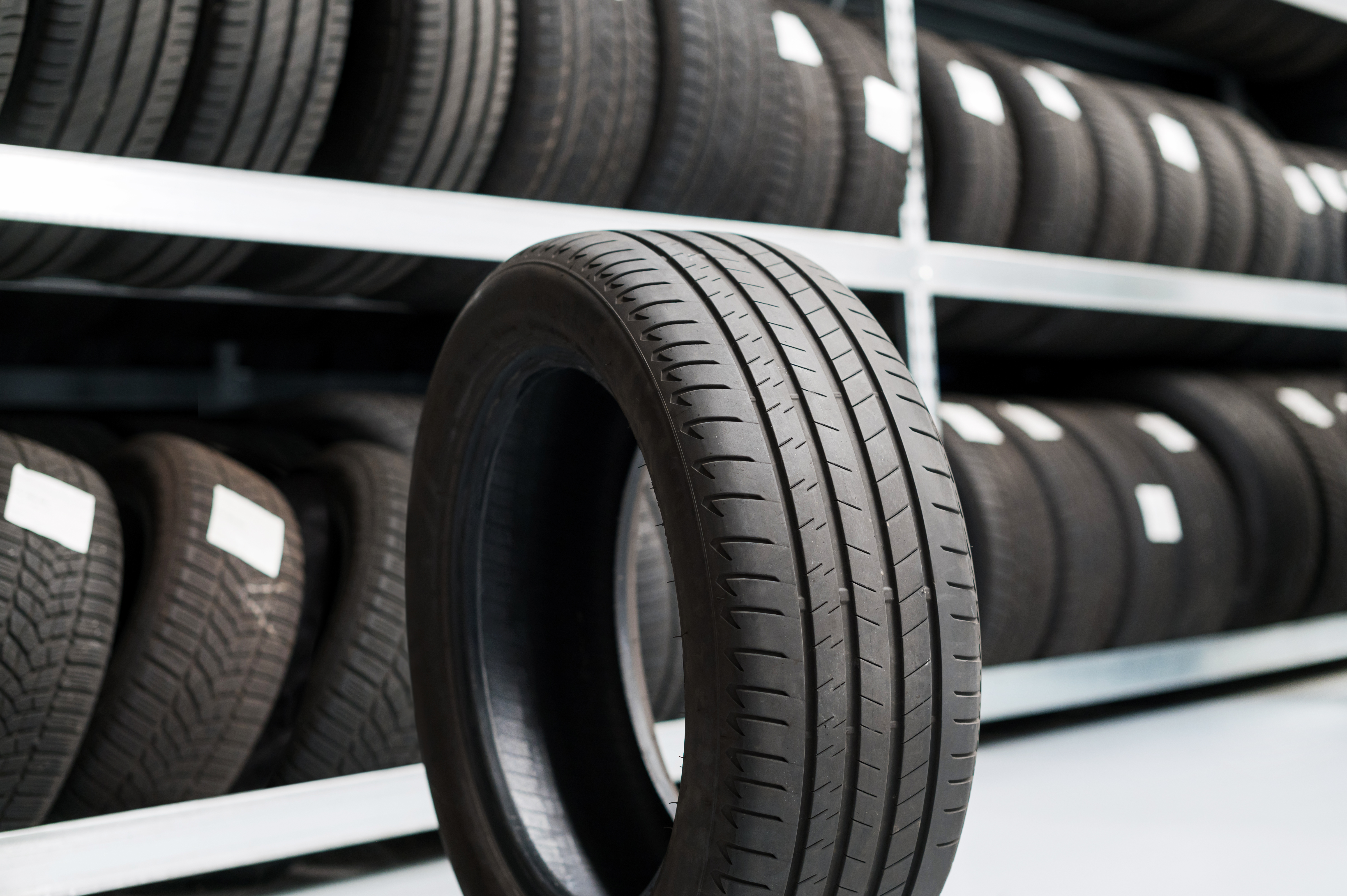 Stocked tire rack at the Millbury Street shop